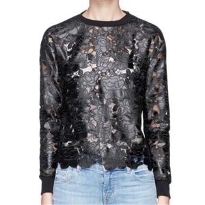alice + olivia Jesse’s Faux Leather & Lace Floral Black Sweatshirt | Size M
